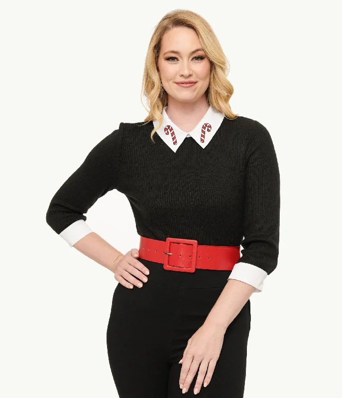 color block women cardigan with bold huesUnique Vintage Black & White Candy Cane Print Contrast Sabrina Sweater