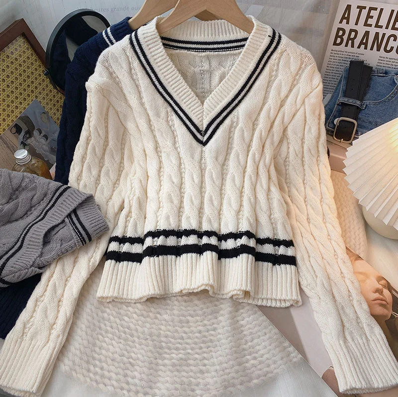 boyfriend style women cardigan for a relaxed fitVarsity Cable Knit V-Neck Sweater (3 Colors)