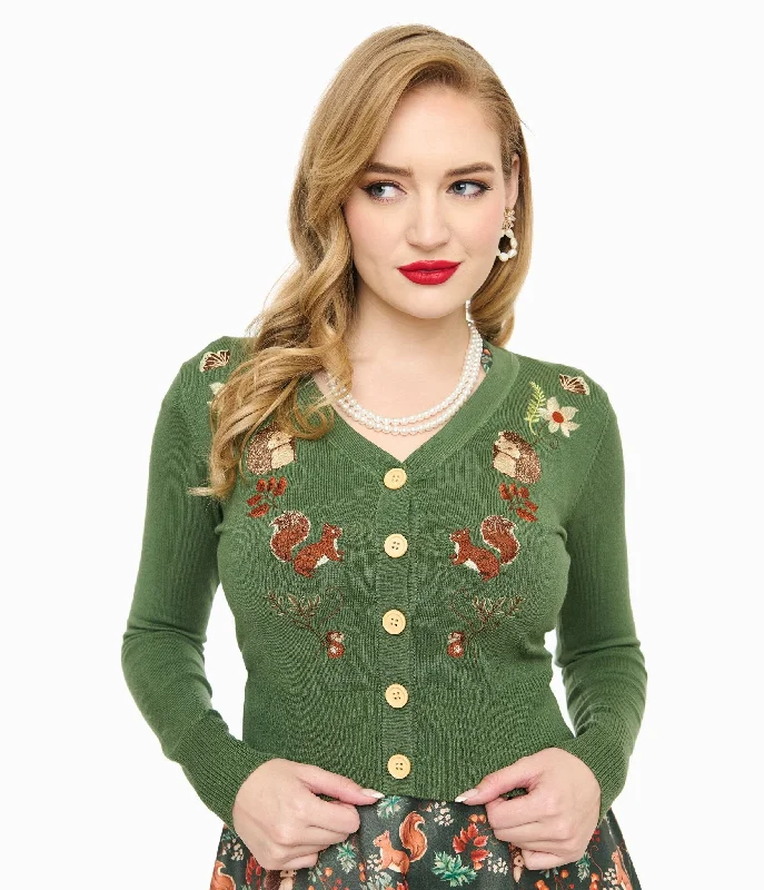 plus size women cardigan for comfortable layeringVoodoo Vixen 1950s Green Woodland Embroidered Cardigan