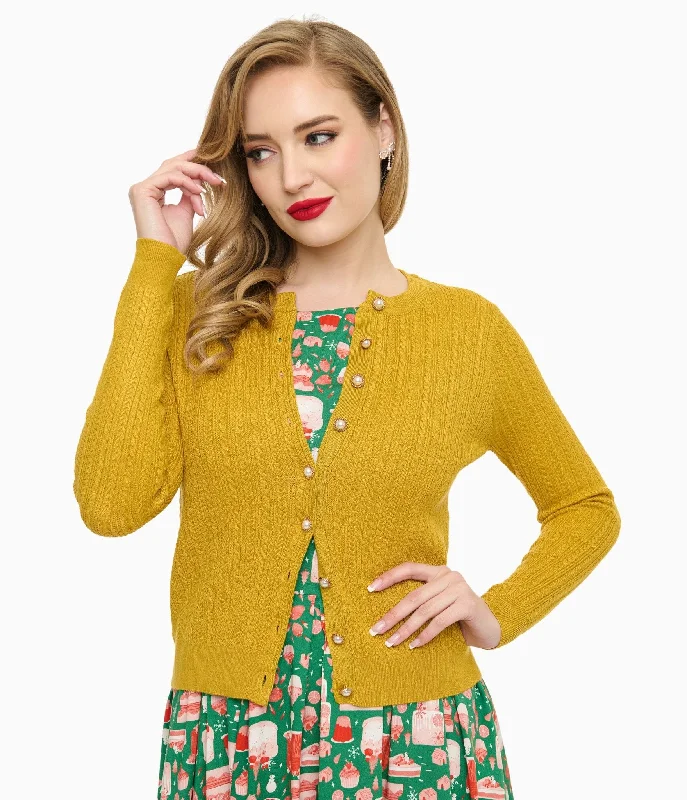 sequin embellished women cardigan for special occasionsVoodoo Vixen 1950s Mustard Yellow Textured Cardigan