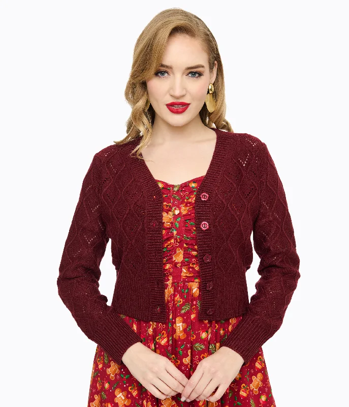 v neck women cardigan to elongate the necklineVoodoo Vixen Burgundy Flower Button Cardigan