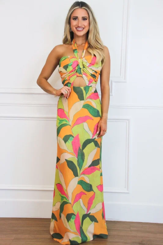 Ruffled Women Dress with Multiple Layers for a Playful and Girly StyleAura Halter Floral Maxi Dress: Orange/Lime Multi