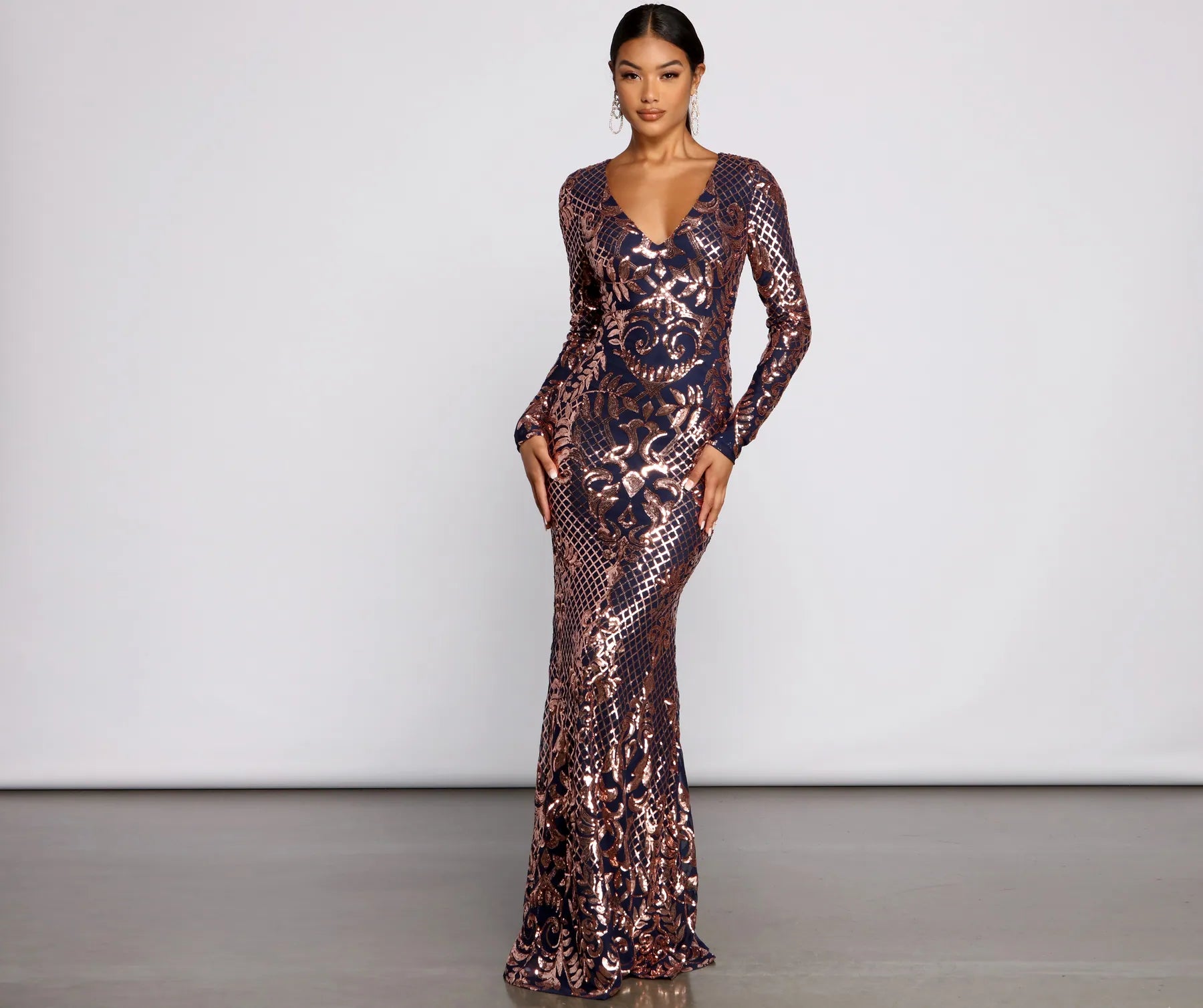 Strapless Women Dress with a Built - in Bra for Comfort and SupportAyla Formal Long Sleeve Sequin Scroll Dress