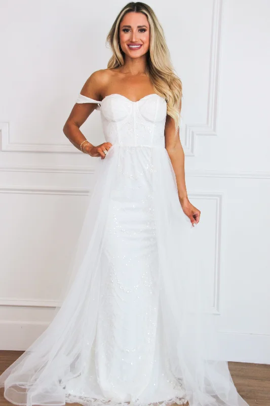 Off - the - Shoulder Women Dress for a Romantic and Feminine LookAzia Bustier Cape Sequin Off Shoulder Maxi Dress: White