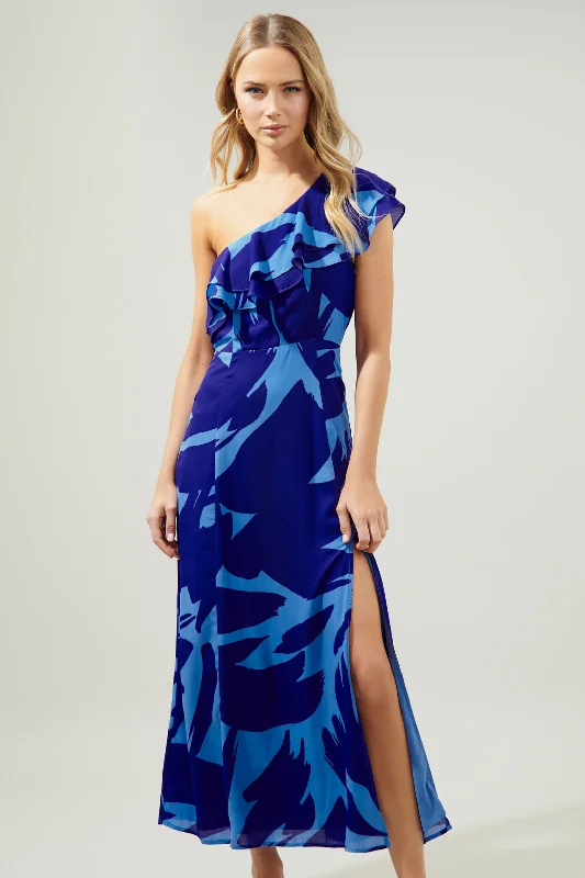 Printed Abstract Women Dress for a Modern and Artistic AppealBig Wave Midori One Shoulder Sheath Maxi Dress