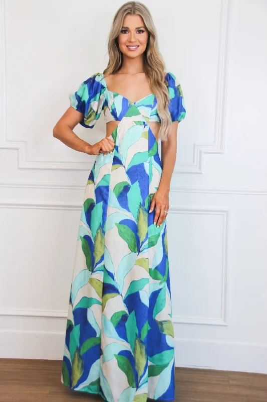 Sleeveless Women Dress in Bright Colors for Summer PartiesEyes on Paradise Cutout Floral Maxi Dress: Blue Multi