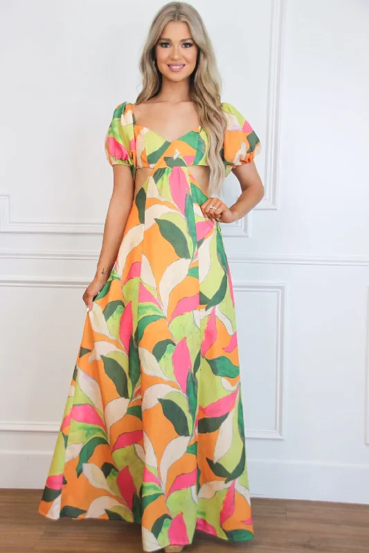 Pleated Women Dress with a Timeless and Elegant TextureEyes on Paradise Cutout Floral Maxi Dress: Orange/Lime Multi