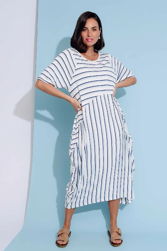 Empire Waist Women Dress to Accentuate the Bust and Conceal the WaistGina Blue Stripe Bamboo Dress