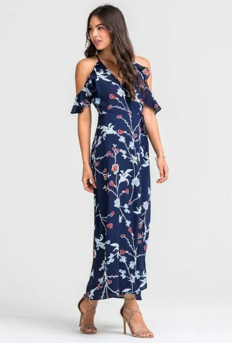 Pleated Women Dress with a Timeless and Elegant TextureGrace Navy Floral Cold-Shoulder Maxi Dress