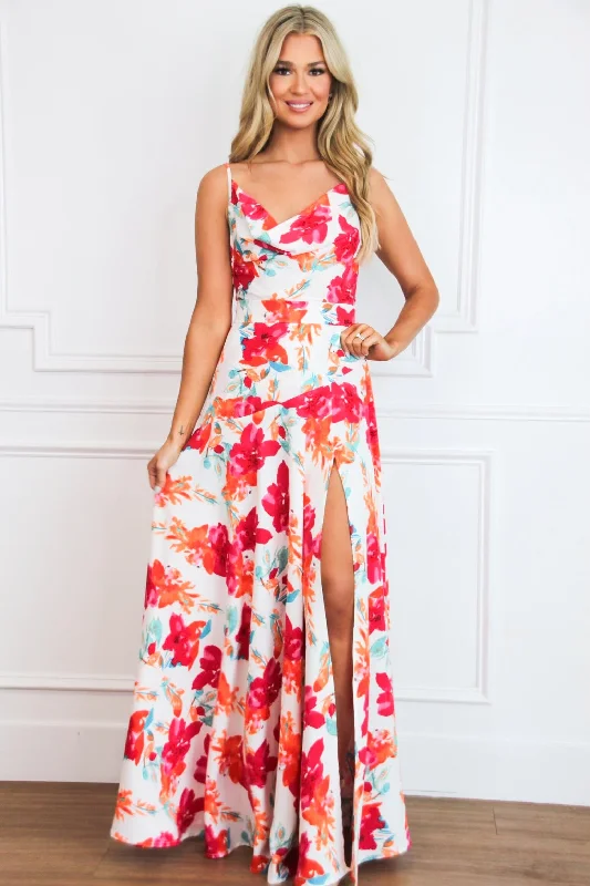 Mermaid - Style Women Dress with a Fitted Silhouette for Special OccasionsIsland Escape Cowl Neck Floral Satin Maxi Dress: White Multi