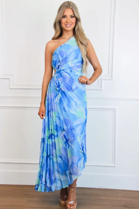 Sheath Women Dress with a Tailored Fit for a Professional LookLisette One Shoulder Floral Pleated Maxi Dress: Blue