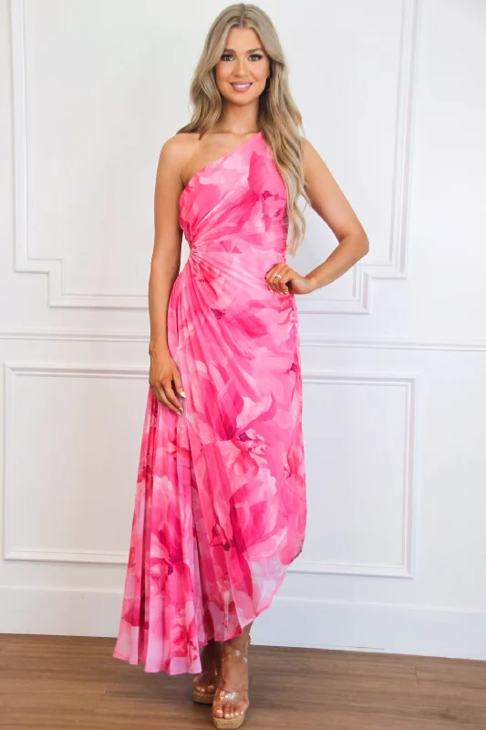 Halter Neck Women Dress to Show Off the Shoulders and NecklineLisette One Shoulder Floral Pleated Maxi Dress: Fuchsia