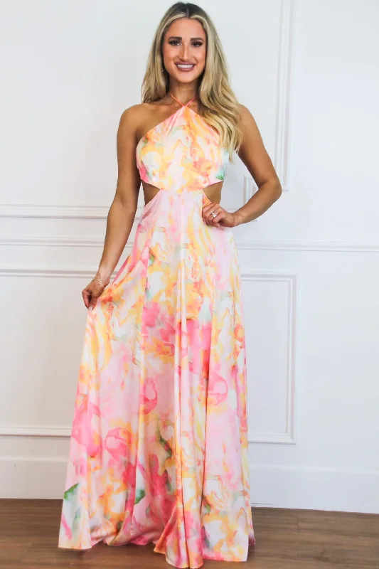 Pleated Women Dress with a Timeless and Elegant TextureLyana Watercolor Pastel Open Back Maxi Dress: Pink/Orange Multi