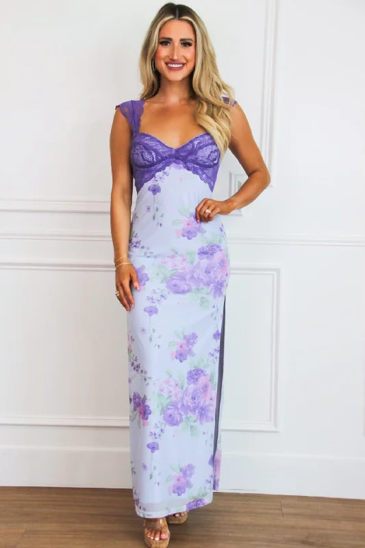 Backless Women Dress for a Sexy and Alluring Look at Evening EventsMavis Floral Lace Maxi Dress: Light Blue/Purple Multi