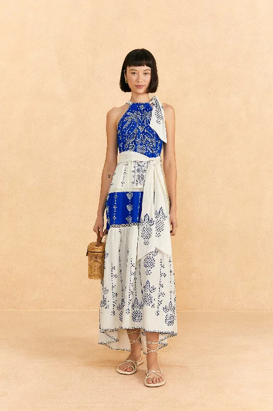 Off - the - Shoulder Women Dress for a Romantic and Feminine LookNavy Blue Embroidered Jungle Scarf Maxi Dress