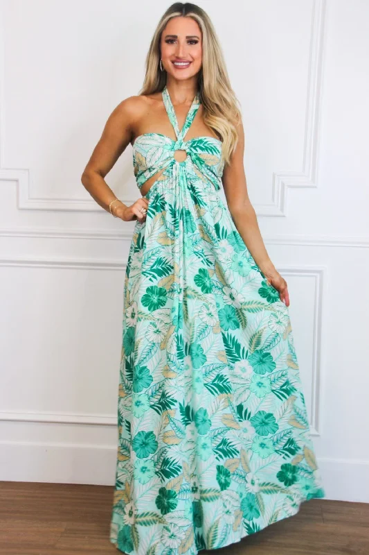 Wrap - Style Women Dress with Adjustable Fit for All Body TypesOn Vacay Time Halter Cutout Floral Maxi Dress: Light Blue/Green