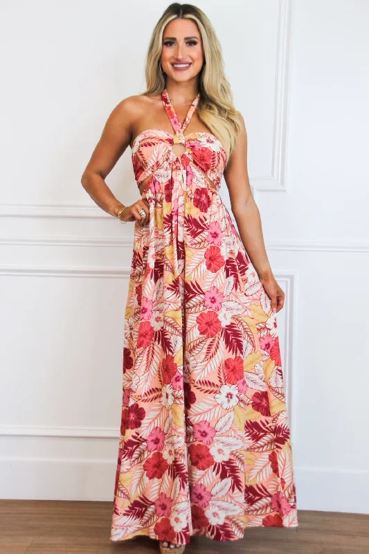 Sleeveless Women Dress in Bright Colors for Summer PartiesOn Vacay Time Halter Cutout Floral Maxi Dress: Peach/Red Multi