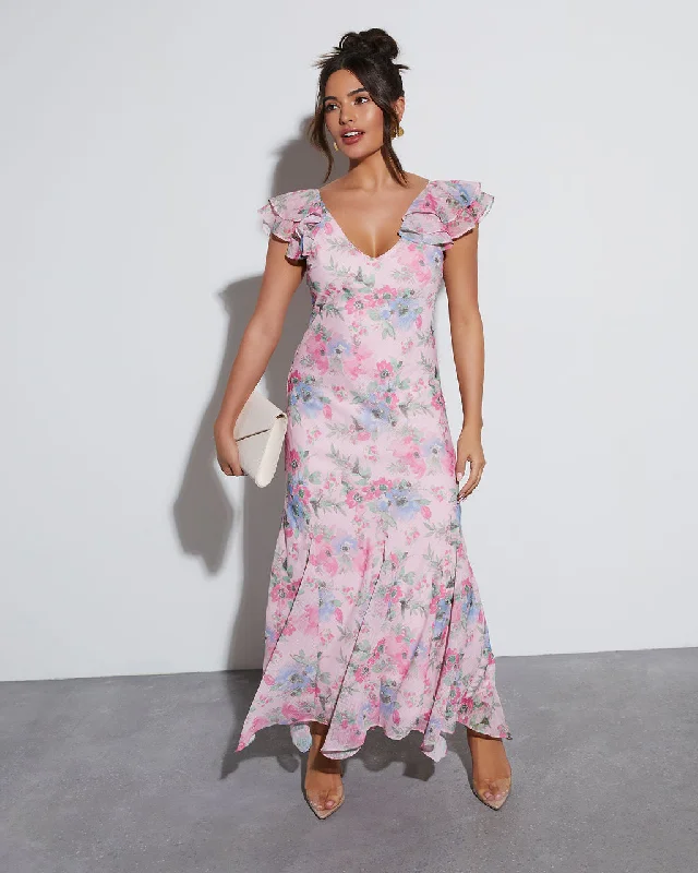 Mini Women Dress with a Short Hem for a Young and Trendy StyleOrchard Floral Ruffle Sleeve Maxi Dress