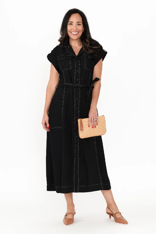 Plus Size Women Dress with a Flattering A - Line Cut for Comfort and StylePatricia Black Cotton Blend Tie Dress