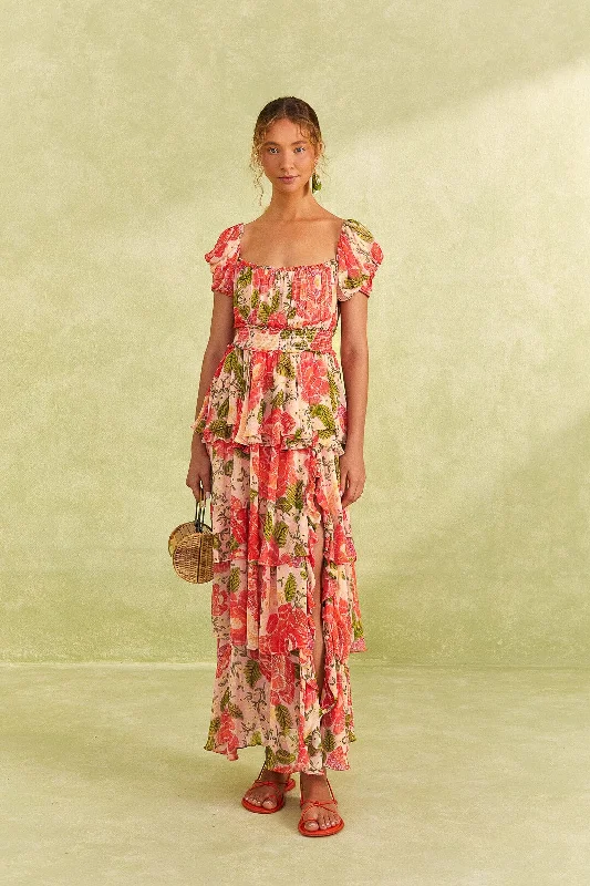 Pleated Women Dress with a Timeless and Elegant TexturePink Blooming Floral Maxi Dress