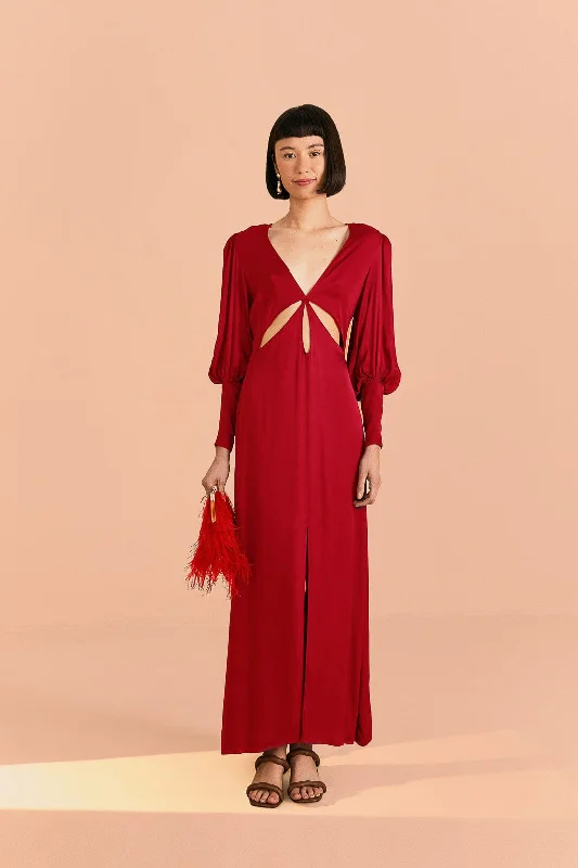 Ruffled Women Dress with Multiple Layers for a Playful and Girly StyleRed Cut Out Long Sleeve Lenzing™ Ecovero™ Viscose Maxi Dress