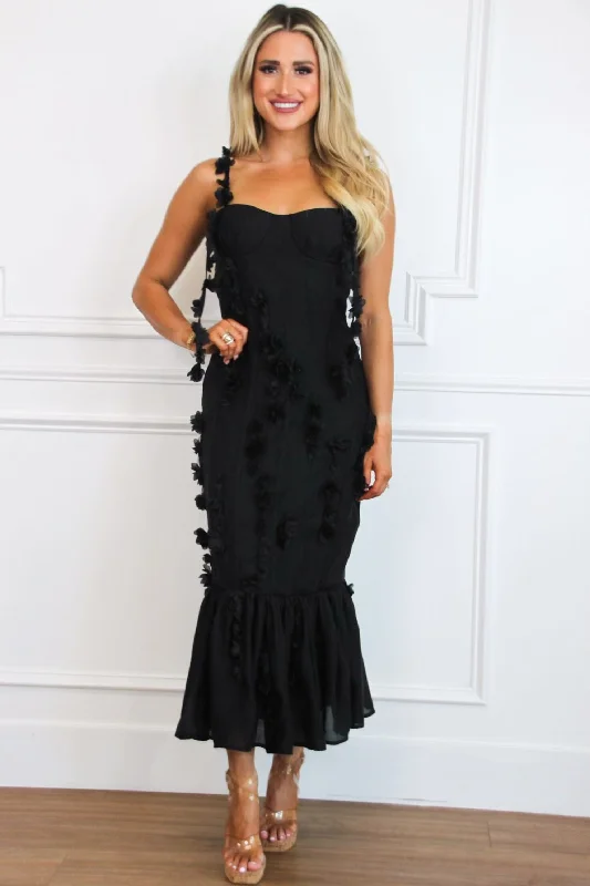 Backless Women Dress for a Sexy and Alluring Look at Evening EventsRosie Floral Applique Bustier Ruffle Midi Dress: Black