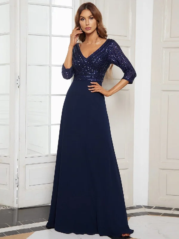 Strapless Women Dress with a Built - in Bra for Comfort and SupportSexy V Neck Sequin Evening Dresses with 3/4 Sleeve