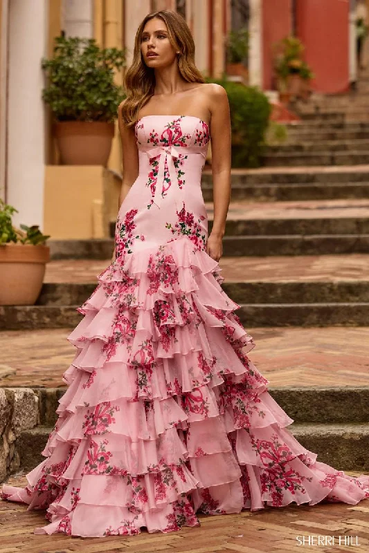 Sleeveless Women Dress in Bright Colors for Summer PartiesSherri Hill Strapless Ruffle Floral Prom Dress 57144