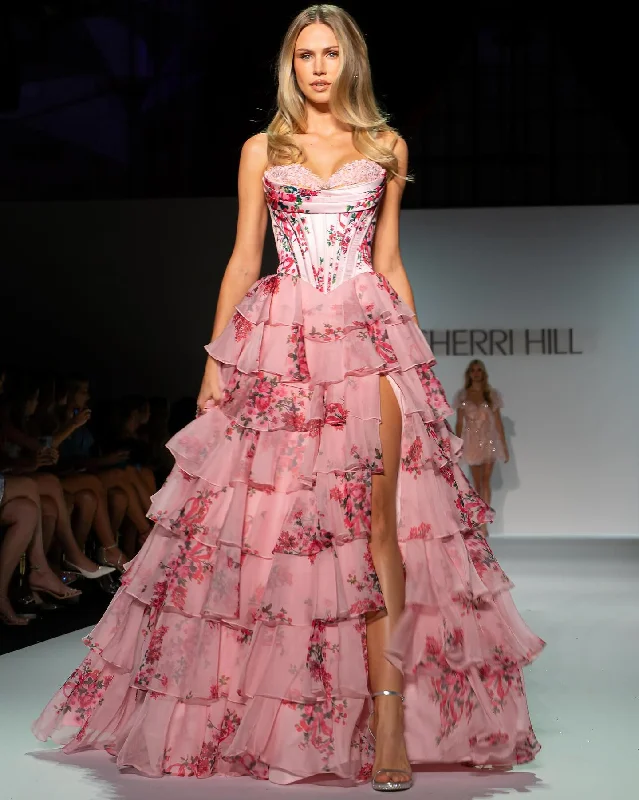 Strapless Women Dress with a Built - in Bra for Comfort and SupportSherri Hill Floral Print Corset Ruffle Prom Dress 57249