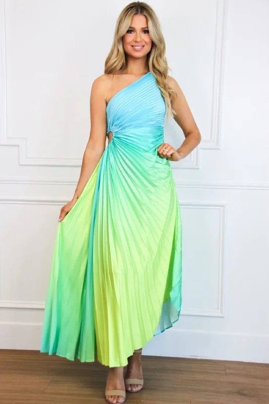 Backless Women Dress for a Sexy and Alluring Look at Evening EventsSt Tropez Ombre Pleated One Shoulder Maxi Dress: Blue/Green Multi