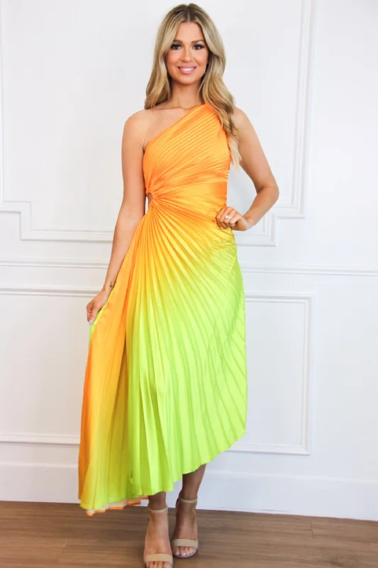 Backless Women Dress for a Sexy and Alluring Look at Evening EventsSt Tropez Ombre Pleated One Shoulder Maxi Dress: Orange/Green Multi