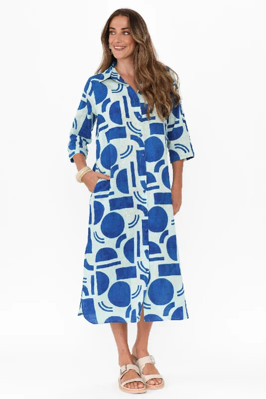 Printed Abstract Women Dress for a Modern and Artistic AppealTricia Blue Geo Cotton Shirt Dress