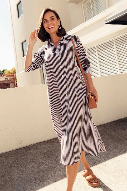 Printed Abstract Women Dress for a Modern and Artistic AppealTricia Navy Stripe Cotton Shirt Dress