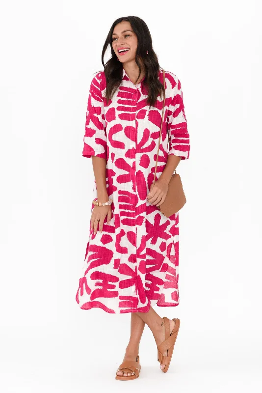 Pleated Women Dress with a Timeless and Elegant TextureTricia Pink Abstract Cotton Shirt Dress