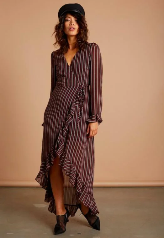 Little Black Women Dress with Sequins for a Glamorous Night OutVine Burgundy Stripe Long Sleeve Ruffle Wrap Maxi Dress