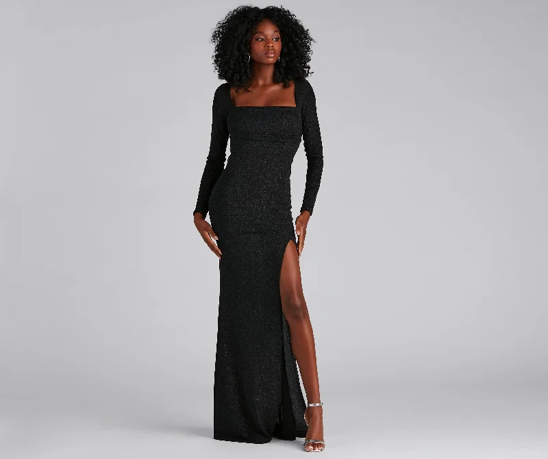 Strapless Women Dress with a Built - in Bra for Comfort and SupportViv Formal High Slit Glitter Dress