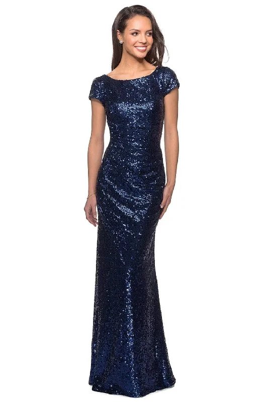 Plus Size Women Dress with a Flattering A - Line Cut for Comfort and StyleLa Femme - 27079 Sequined Bateau Sheath Dress