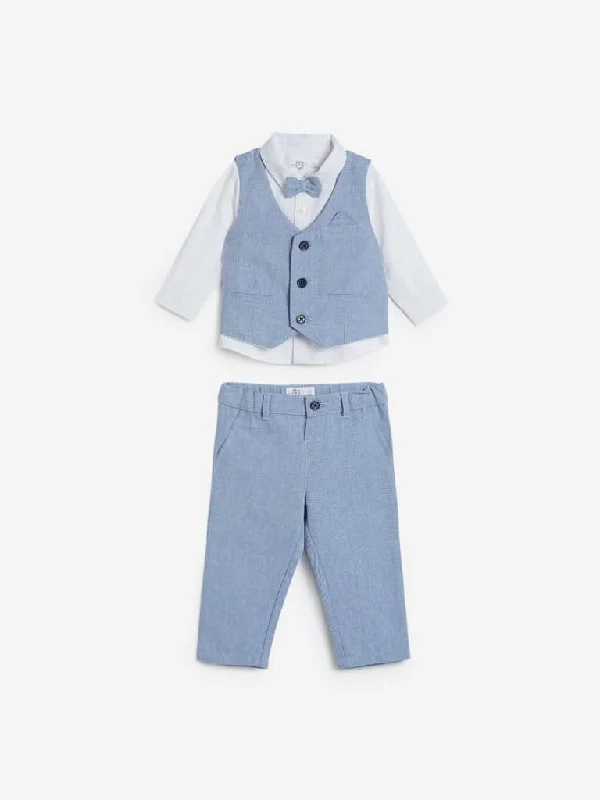 Embroidered Women Shorts with Intricate DesignsBaby HOP Blue Shirt, Waistcoat, Bow And Shorts