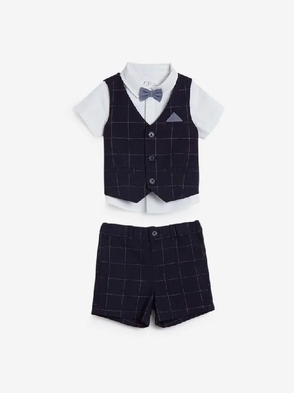 Twill Women Shorts with a Smooth Texture and DurabilityBaby HOP Navy Shirt, Waistcoat, Bow And Shorts