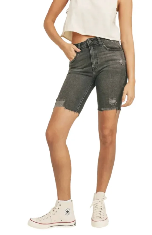 Twill Women Shorts with a Smooth Texture and DurabilityDestroyed Hem Biker Shorts In Black