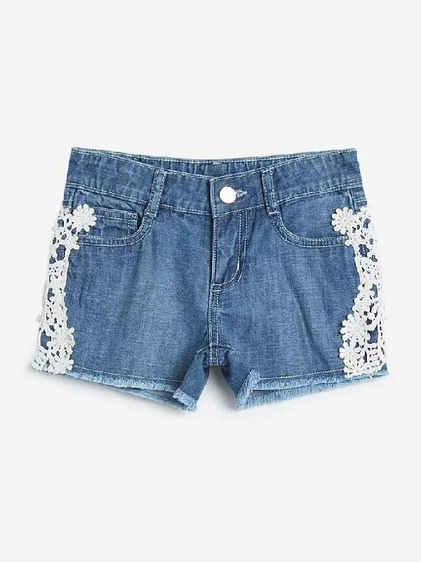 Cuffed Women Shorts for a Laid - Back and Trendy LookHOP Kids Blue Lace-Detailed Denim Shorts