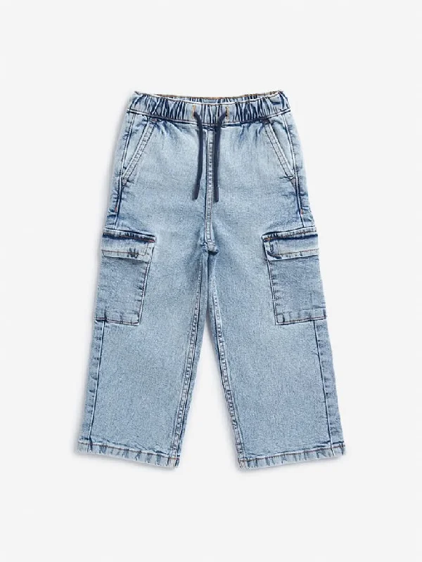Stretchable Women Shorts for Maximum MobilityHOP Kids Blue Washed Mid Rise Relaxed Fit Jeans