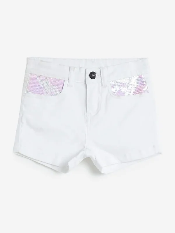 Printed Animal Print Women Shorts for a Wild and Stylish AppearanceHOP Kids White Sequinned Denim Shorts