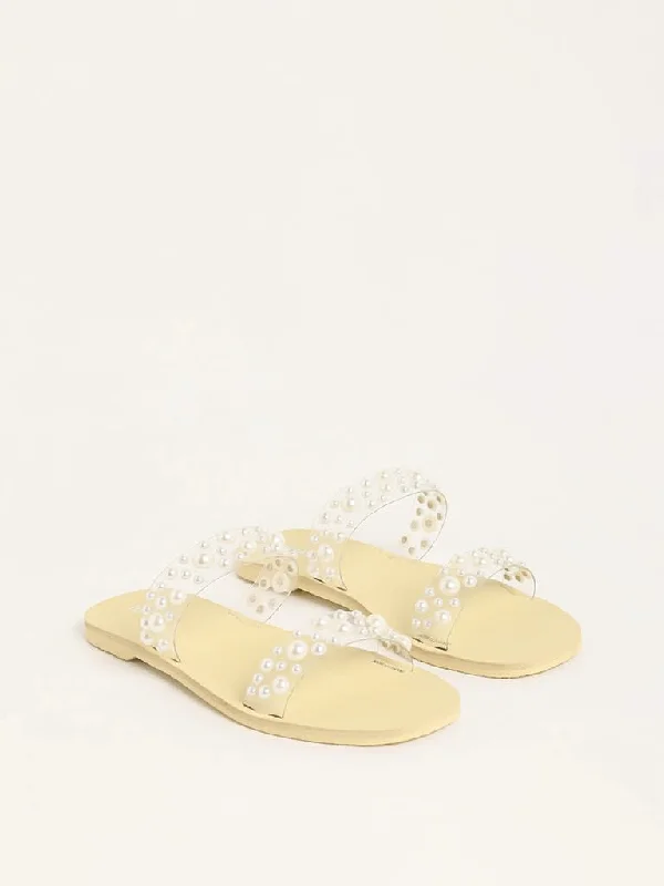Plus Size Women Shorts with a Comfortable and Stylish FitLUNA BLU Yellow Pearl Embellished Double-Strap Sandals