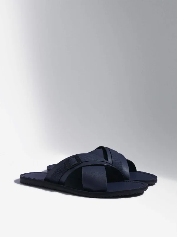 Linen Women Shorts for Breathable Comfort in Hot WeatherSOLEPLAY Navy Cross-Strap Leather Sandals