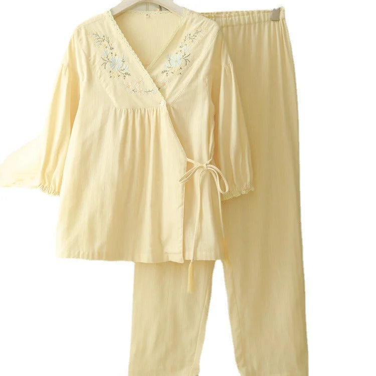 Embroidered Three-Quarter Sleeve Pajama Set