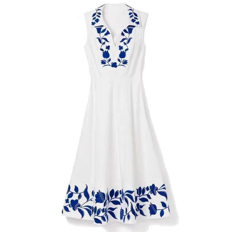 Floral Embroidered V-neck Sleeveless Midi Dress