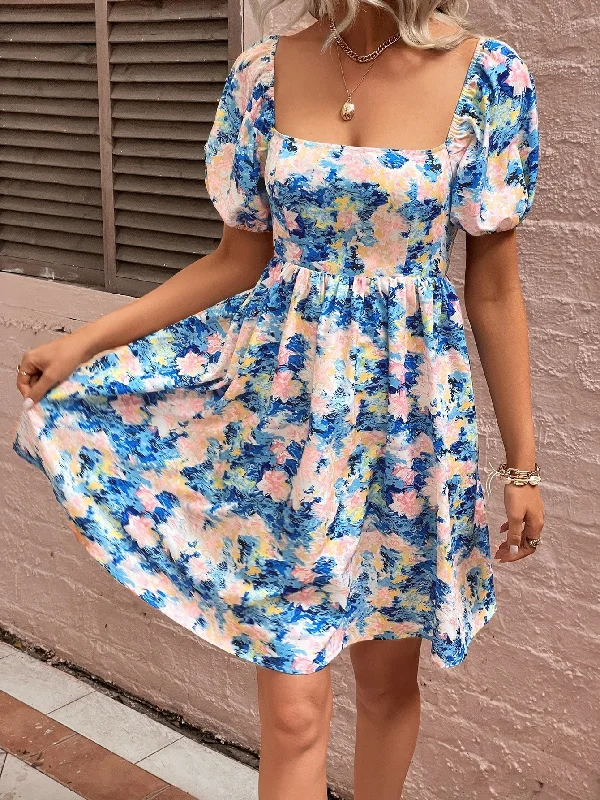 Floral Square Neck Puff Sleeve Dress