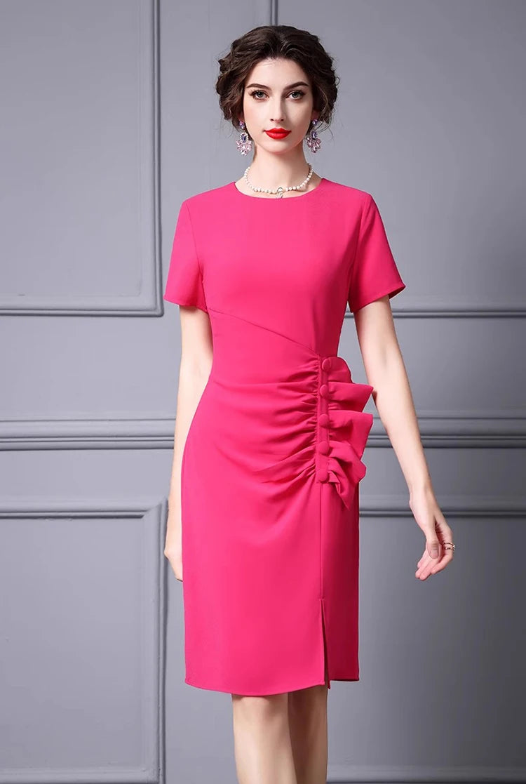 Pleated Ruffle Round Neck Midi Dress