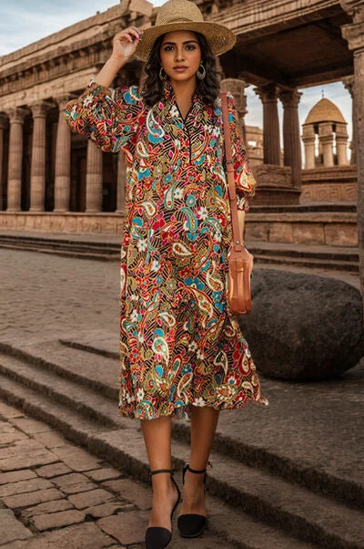 Printed Surplice Lantern Sleeve Midi Dress